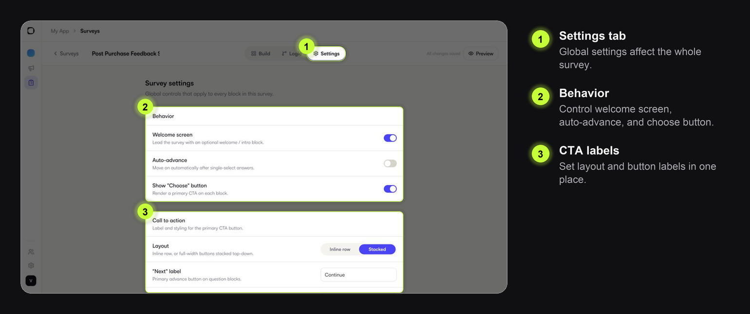 Survey Settings tab with behavior and call-to-action areas highlighted